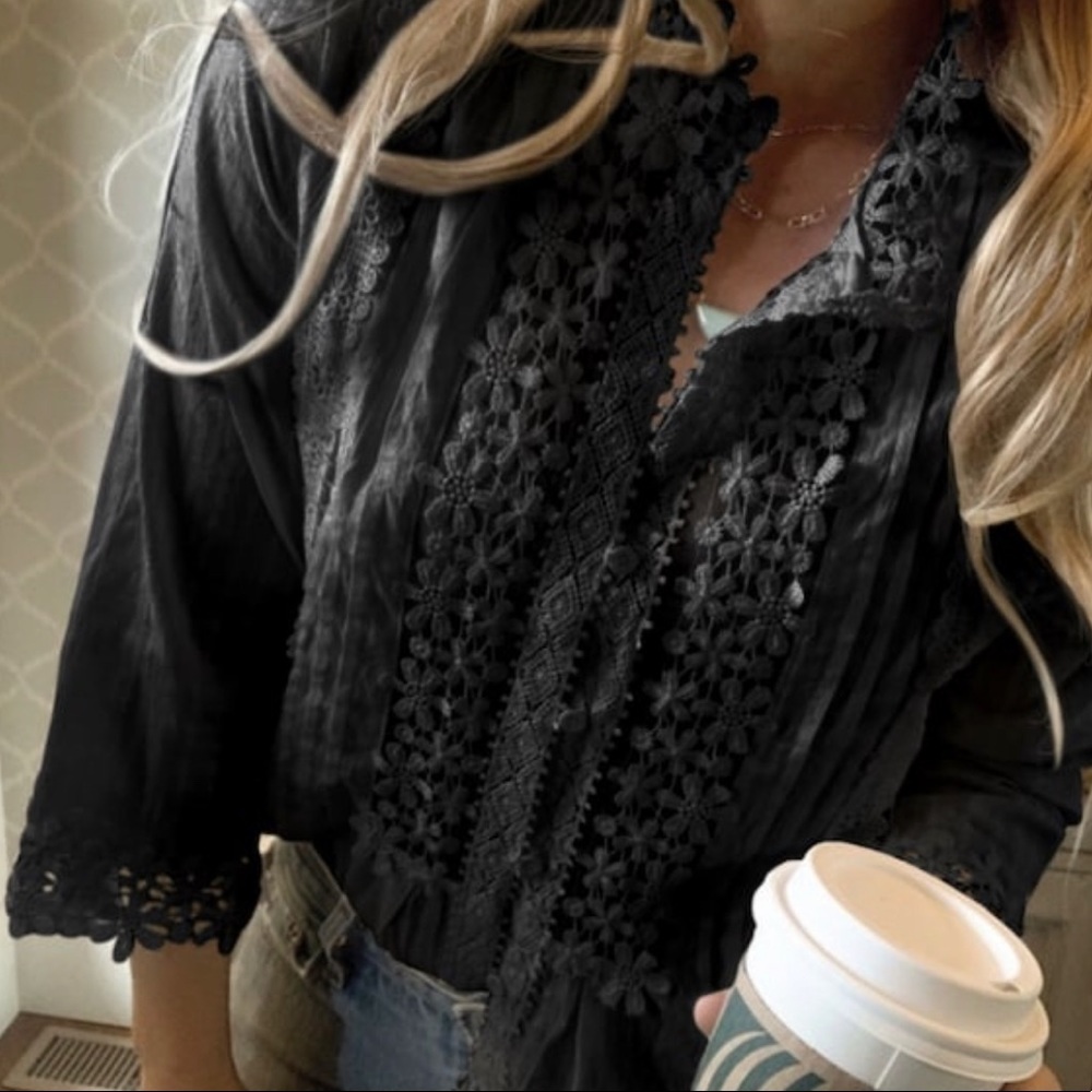 New Bohemian Black Lace Button Front Blouse /  Top Summer Dress Vintage Boho